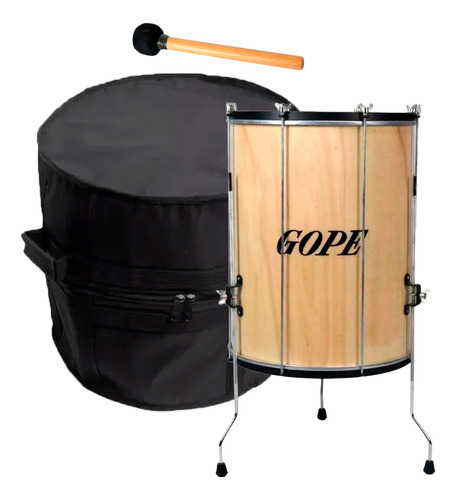 Surdo Gope 18 Pol 60cm Madeira Natural Tripé + Capa Baqueta