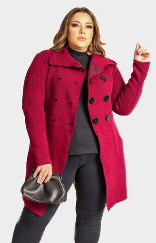 Parka Elegante Tricô Grosso Lã Inverno C/ Bolso E Botão