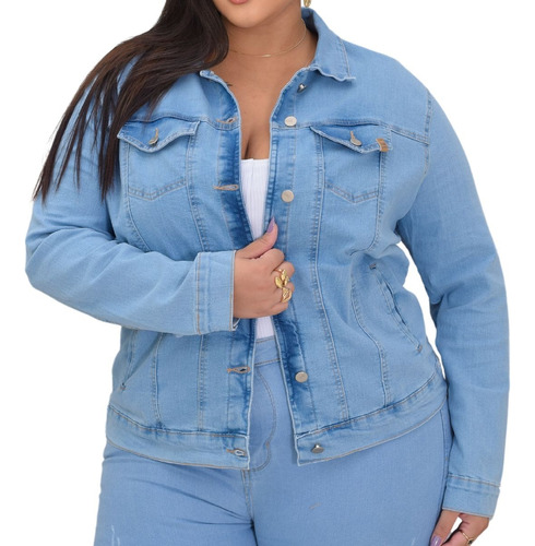 Jaqueta Jeans Feminina Botoes  Plus Size Lycra Elastano