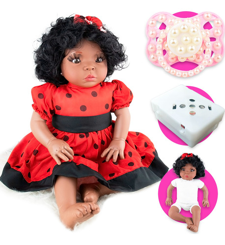 Boneca Bb Reborn Menina Negra Cabelo Cacheado Implantado