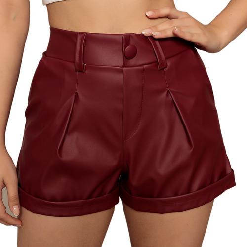 Shorts Moda Couro Fake Ecológico Cinto Cintura Alta Botão