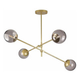 Lustre Lírio Dourado Com 4 Globos Esfera De Vidro Fume