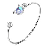 Pulsera Brazalete Gato Con Cristal Azul Plata Ley 925