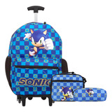 Kit Mochila Infantil Masculina Rodinha Sonic Juvenil Azul