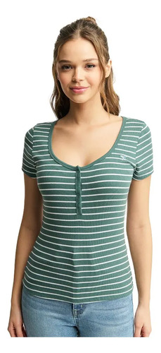 Playera Manga Corta Escote Rayas Holly Land 3320 Verde Mujer