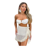 Conjunto Top Short Saia Saída D Praia Detalhado 3 Peças Moda