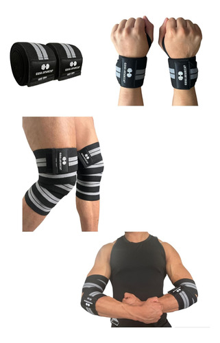 Kit Vendas Para Rodilla Knee Wraps + Coderas +muñequeras Gym