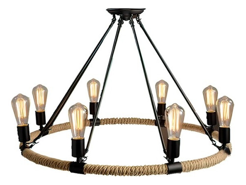 Lampara Colgante Metal Cañamo Candelabro 8 Soquetes Rustica