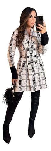Casaco Inverno Luxo Sobretudo Tricot Feminino Xadrez Fashion