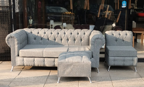 Sillón Chesterfield 3 Cuerpos En Chenille Gris Plata 