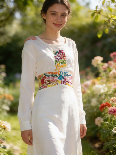 Vestido Artesanal Mexicano Bordado A Mano De Manta Manga Lar | Envío gratis