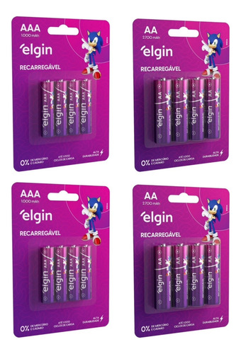 8 Pilhas Recarregáveis Elgin Aa-2700 + 8 Aaa (palito) Rec.