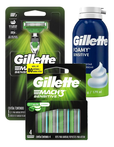Gillette Kit Mach3 Sensitive Maquina + 4cartuchos + Espuma