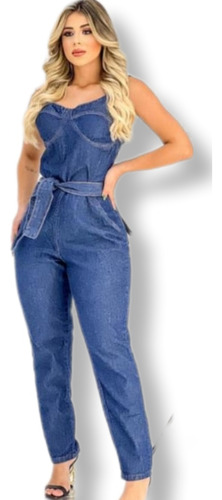 Macacão Longo Jeans Feminino Cintura Perfeita Estilo Paris