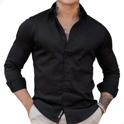 Camisa Masculina Acetinada Preta Com Elastano Slim