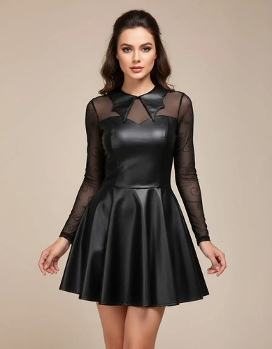 Vestido Vinipiel Tipo Merlina Transparencia Gotico Casual