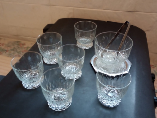 Juego 6 Vasos Whisky Cristal Con Hielera, Bandeja Y Pinza