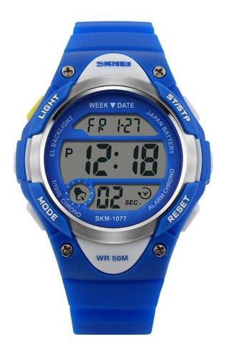 Reloj Pulsera Skmei 1077 De Cuerpo Color Azul, Digital, Para Niños, Fondo Gris, Con Correa De Resina Color Azul, Dial Negro, Subesferas Color Gris Y Azul Y Blanco, Minutero/segundero Negro, Bisel Colo