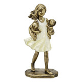 Escultura Decorativa Criança Menina Com Cachorros Dourado E 