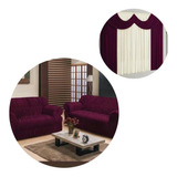 Kit Capa De Sofa 3 E 2 Lugares + Cortina 2 Metros Vermelho Cor Bordô Lisa