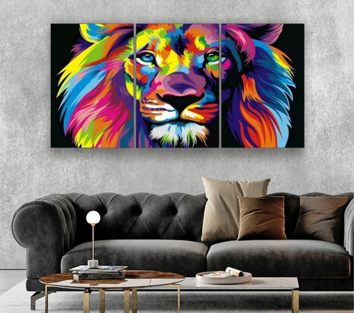 Quadros Decoração Leão Colorido Artístico Aquarela