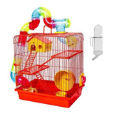 Gaiola Hamster 3 Andares Vermelho Completa Bebedouro E Tubos