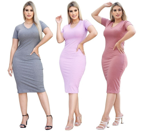 Kit 3 Vestidos Canelado Feminino Social Midi Tubinho Atacado