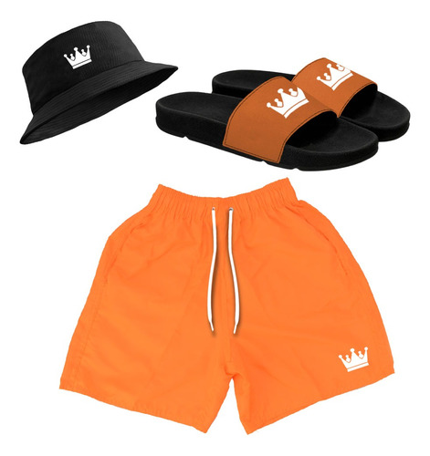 Kit Short Praia + Chapeu Bucket + Chinelo Slide Laranja