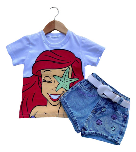 Conjunto Pequena Sereia Infantil T-shirt E Shorts Jeans Luxo
