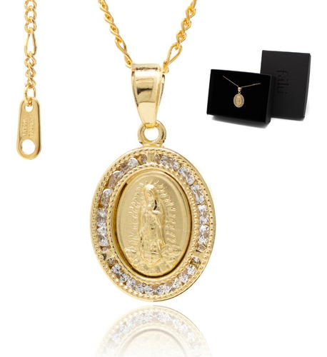 Collar Virgen De Guadalupe Oval Chapa Oro 22k Y Zirconias