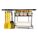 Kit Cocina Especiero Porta Rollo Colgante Gancho Negro 60 Cm