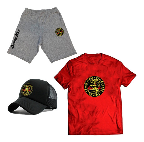 Conjunto Bermuda + Camiseta + Boné Cobra Kai Karatê Luta Kit