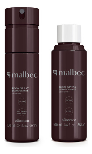 Kit Malbec: Body Spray Desodorante 100ml + Refil 100ml Fragrância Malbec