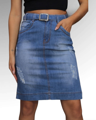 Saia Feminina Jeans Com Cinto Moda Evangélica Elegante