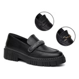 Mocassim Feminino Preto Em Couro Kit C/ 3 Fivelas Removiveis