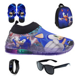 Tenis Infantil De Led Sonic Mochila Chinelo Oculos Relogio