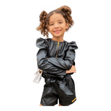   Conjunto Infantil Shorts Couro Jaqueta Bufante Menina Diva