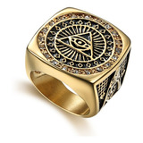 Anillo Acero Inoxidable Mason Masoneria Cz Color Oro Hombre