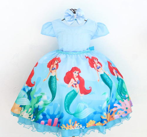 Vestido Infantil Fantasia Pequena Sereia Fundo Mar Luva 
