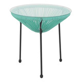 Mesa Redonda Aço Vidro 50x50cm Rattan Azul - Home Deluxe