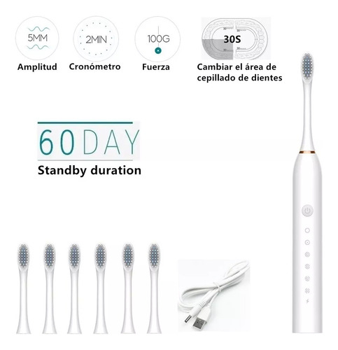 Blanco Cepillo Electrico Dental Recargable+6cabezales Gratis