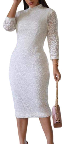 Vestido Midi Gola Alta Manga 3/4 Noiva Noivado Casamento