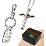 Corrente Crucifixo Aço Inox + Chaveiro Tag Pai E Fillho Mãos