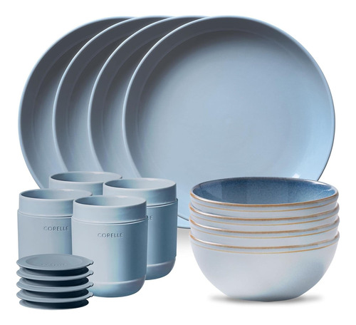 Corelle - Juego De Vajilla De Gres, 16 Piezas, Azul Nórdico