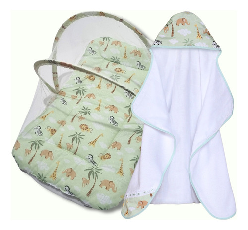 Kit Toalha De Banho Bebe Forrada Dupla + Mini Berço Portátil