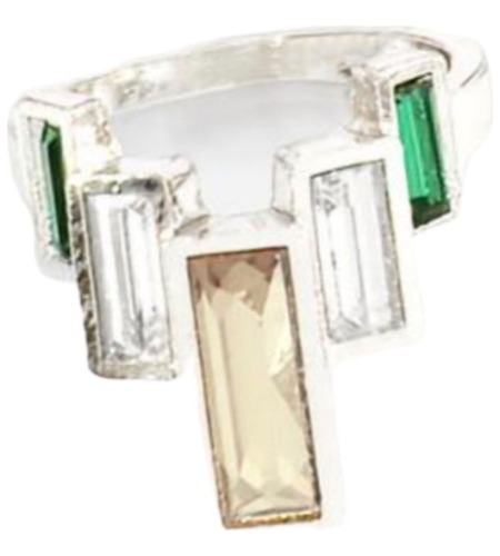 Anillo Plateado Con Cristales Rectangulares Verdes Nice