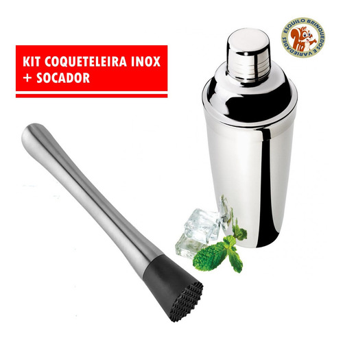 Kit Coqueteleira + Socador Inox 500ml Drinks Caipirinha