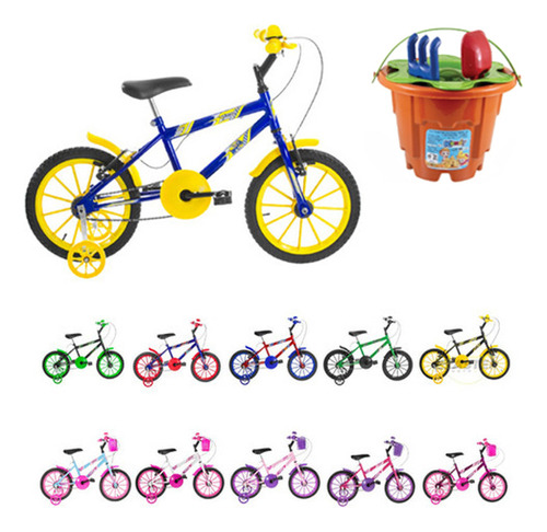 Bicicleta Infantil Aro 16 3 4 5 6 7 8 Com Rodinha + Baldinho