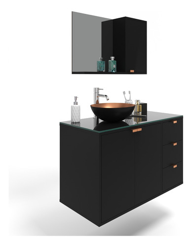 Conjunto Gabinete Banheiro 90cm Com Tampo Vidro Industrial