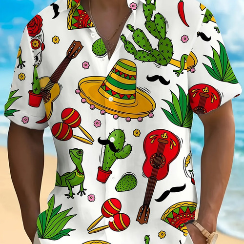 Camisa For Hombre Con Estampado De Cactus Y Chile Mexicano